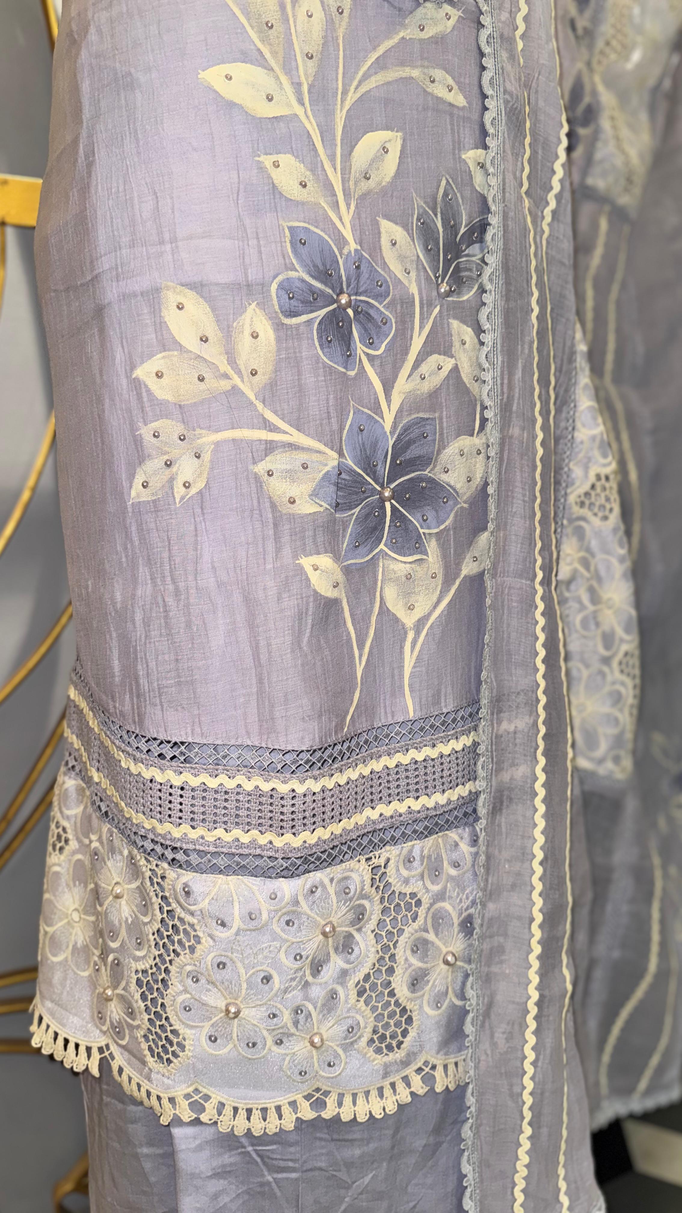 Designer Lavender Mul Cotton Unstitched Suit with Floral Patchwork and Scalloped Lace