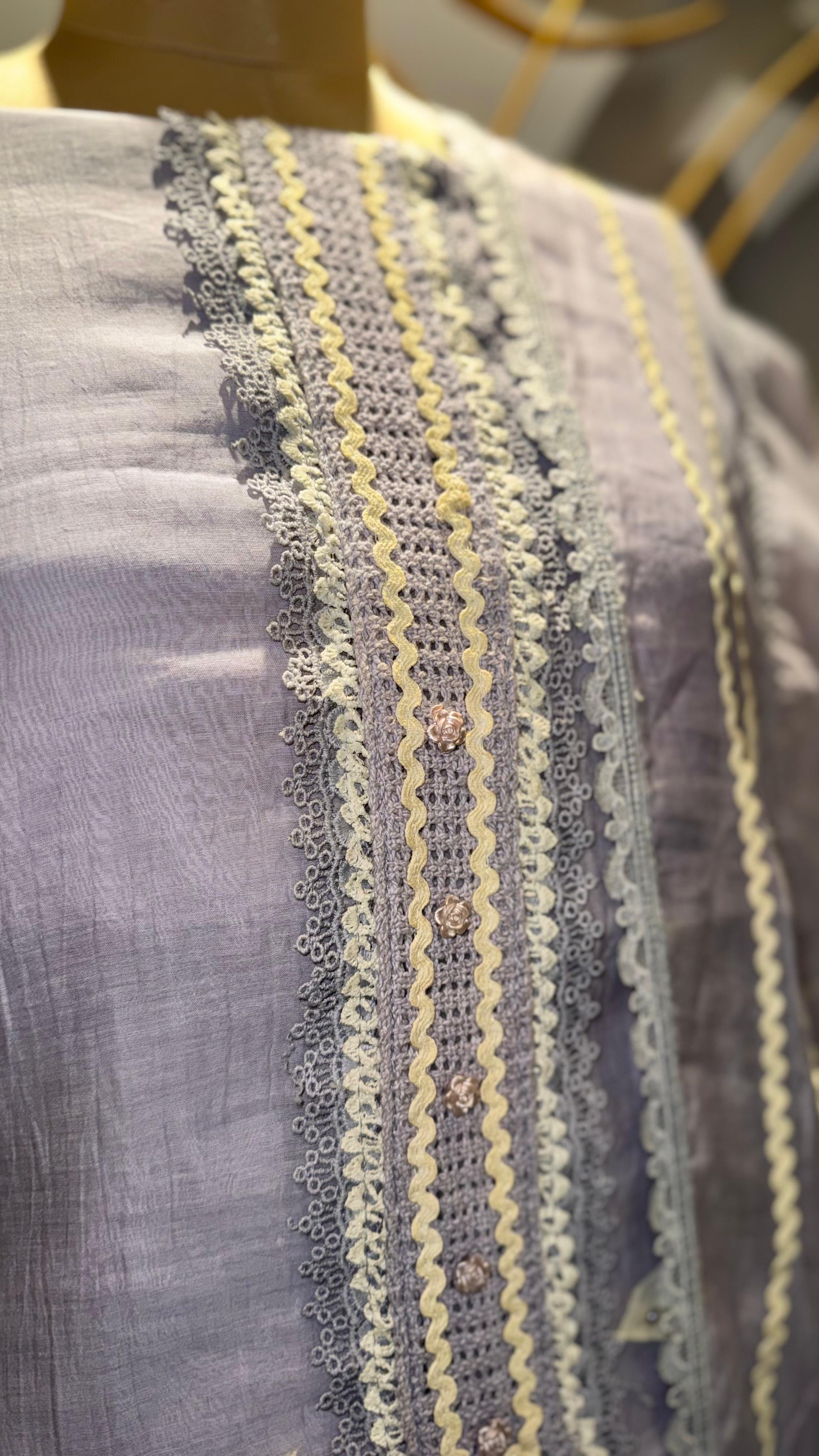 Designer Lavender Mul Cotton Unstitched Suit with Floral Patchwork and Scalloped Lace