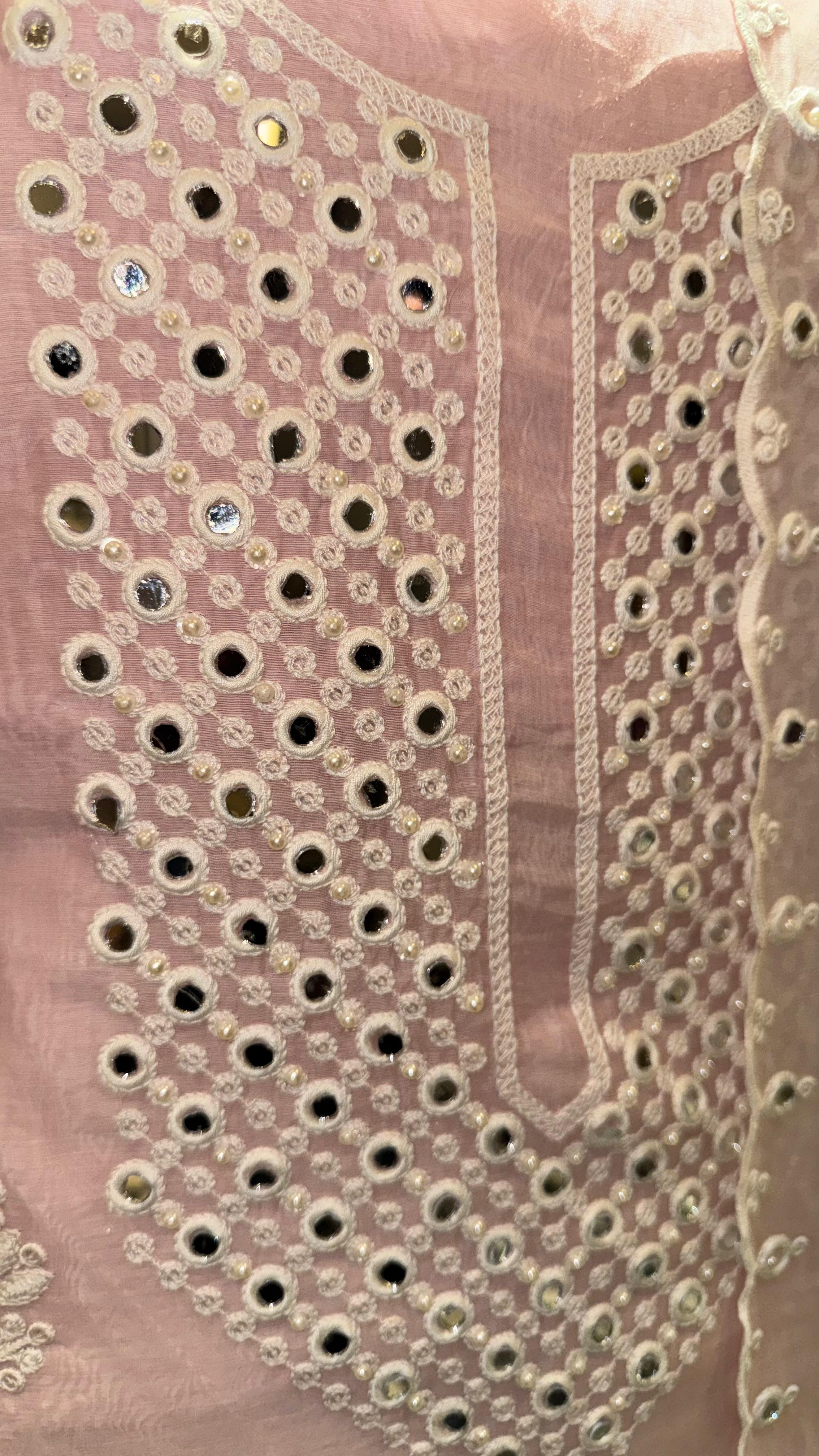 Elegant Blush Pink Unstitched Mul Cotton Suit with Traditional Mirror-Work and Scalloped Borders