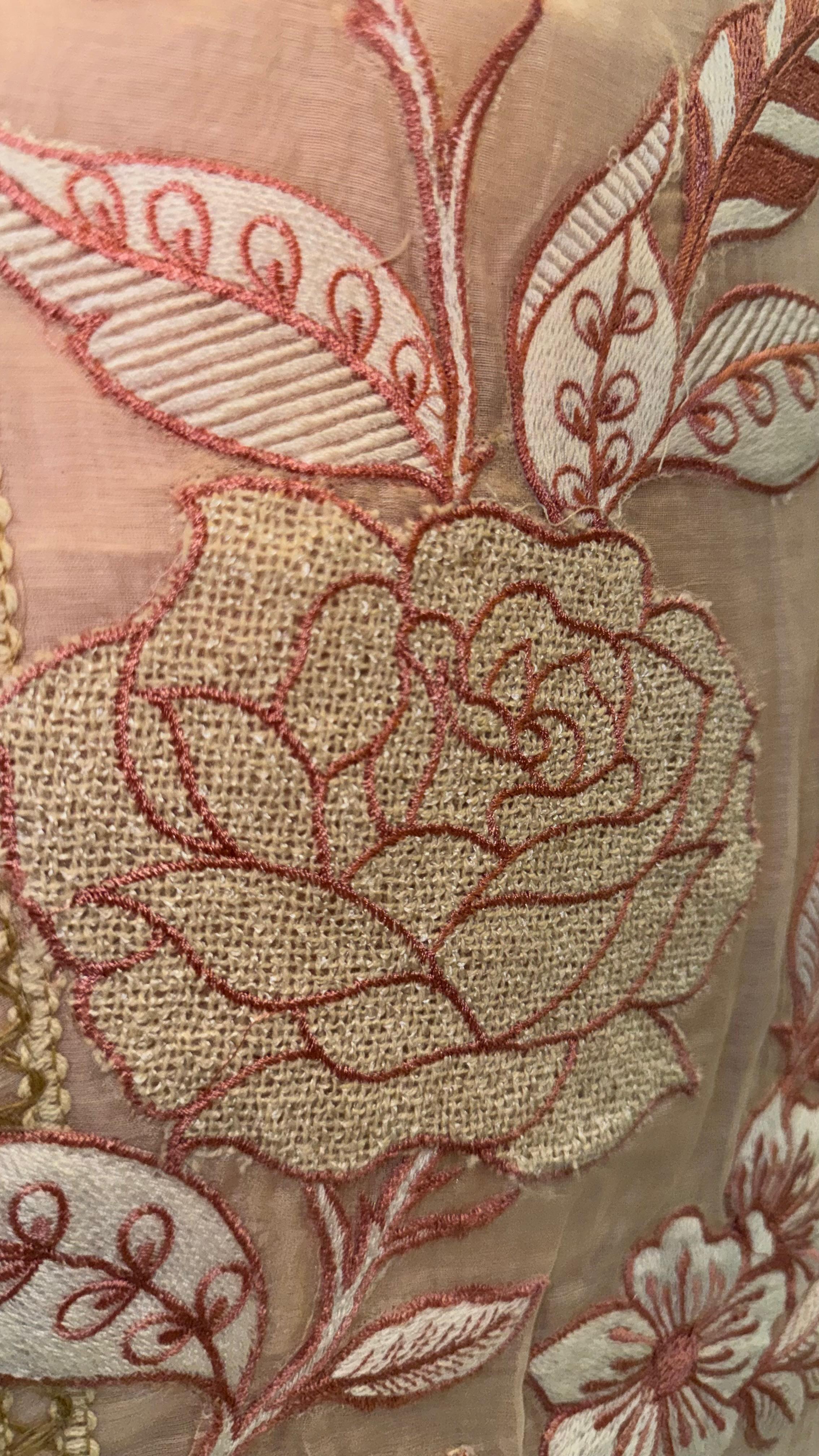 Premium Peach Unstitched Suit with Rose Appliqué Work and Lace Detailing