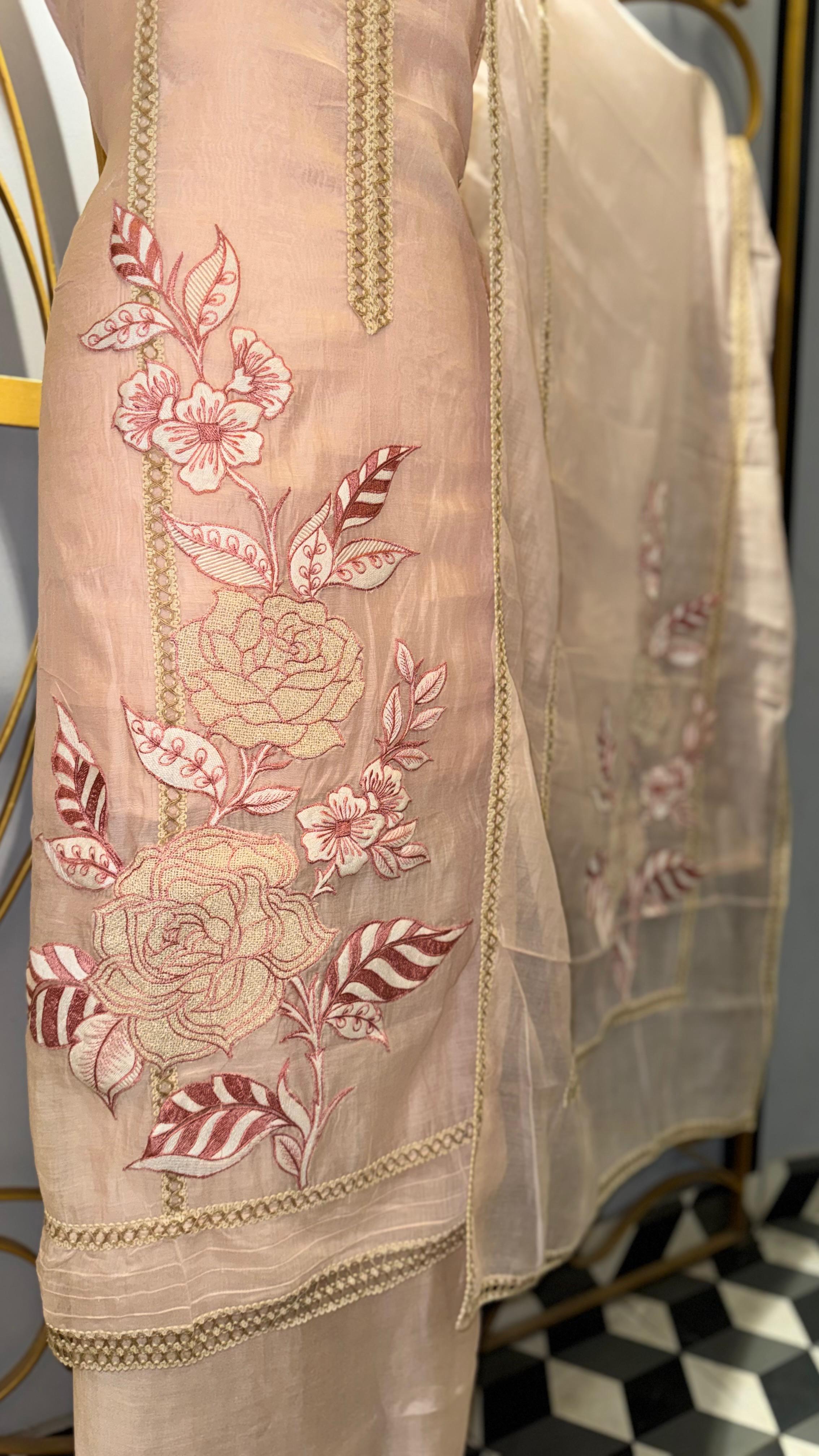 Premium Peach Unstitched Suit with Rose Appliqué Work and Lace Detailing