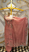 Premium Dusty Rose Mul Cotton Unstitched Suit with Colorful Floral Embroidery and Scalloped Edges
