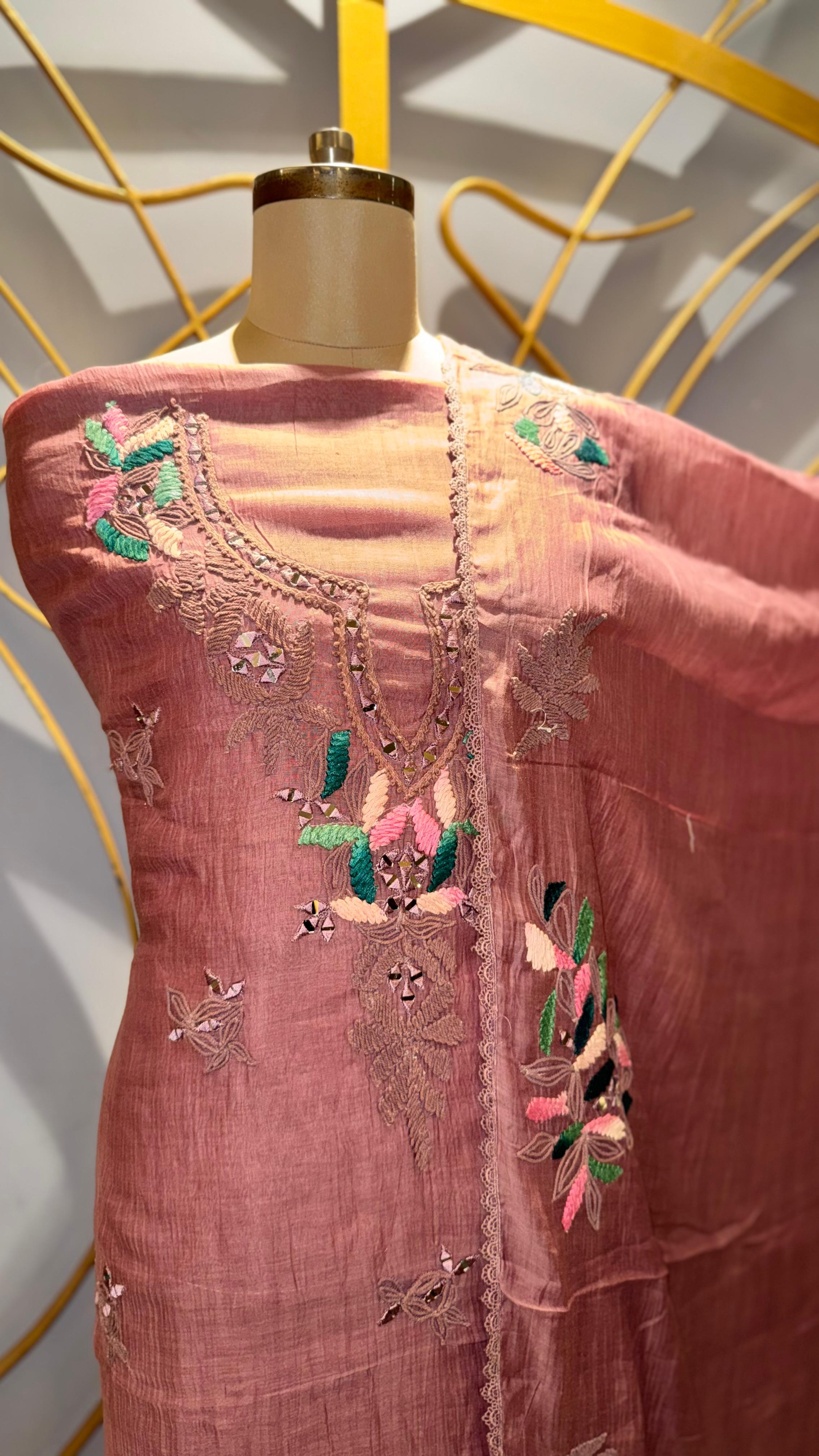 Premium Dusty Rose Mul Cotton Unstitched Suit with Colorful Floral Embroidery and Scalloped Edges