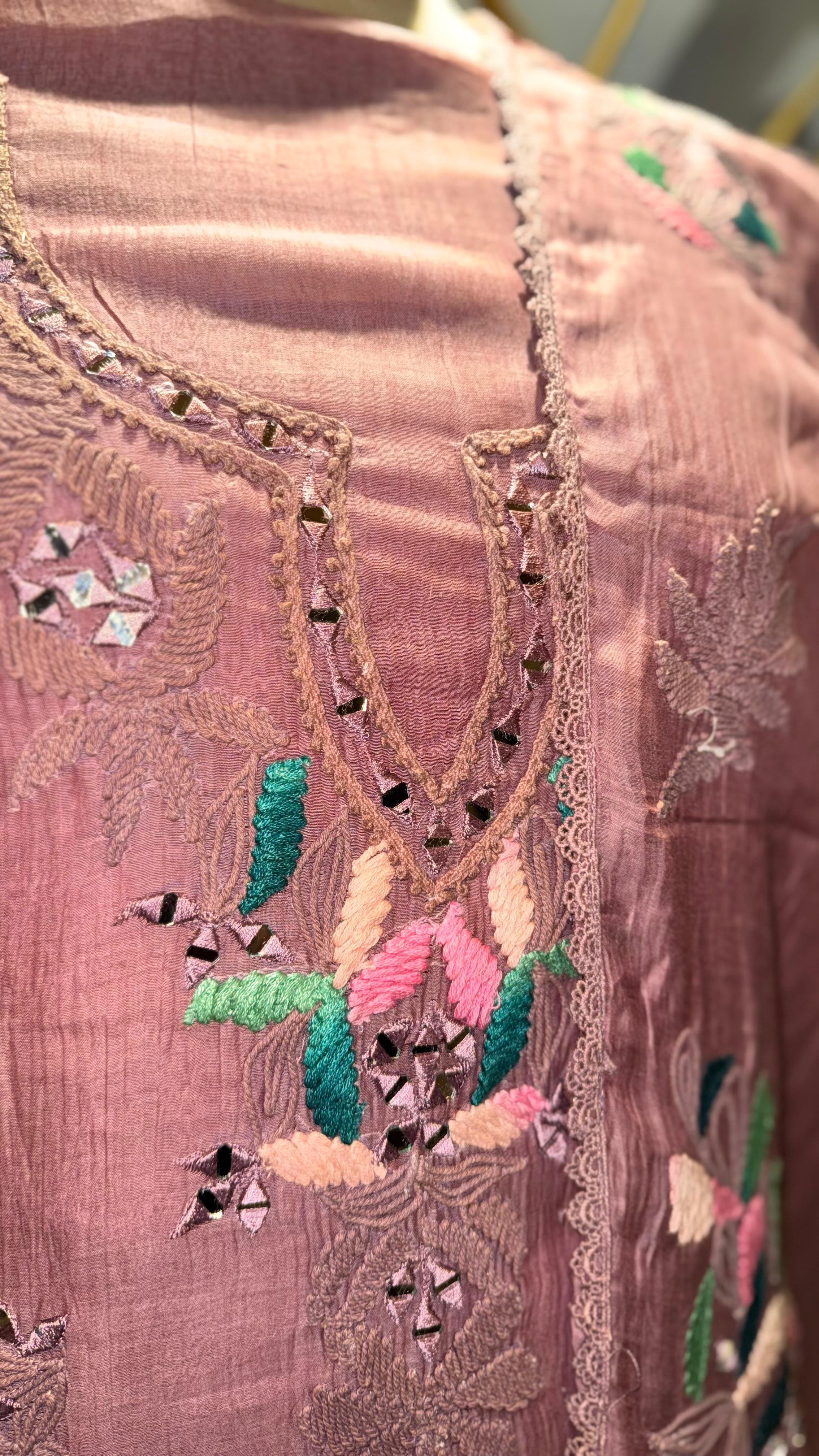 Premium Dusty Rose Mul Cotton Unstitched Suit with Colorful Floral Embroidery and Scalloped Edges
