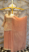 Designer Rust Orange Georgette Suit with Intricate White Threadwork and Pearl Hangings