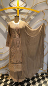 Vibrant Mustard Yellow Georgette Suit with Intricate White Floral Print and Sparkling Sequins