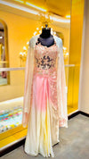 Designer Ombre Draped dhoti choli with 3D Floral Corset and Sheer Cape