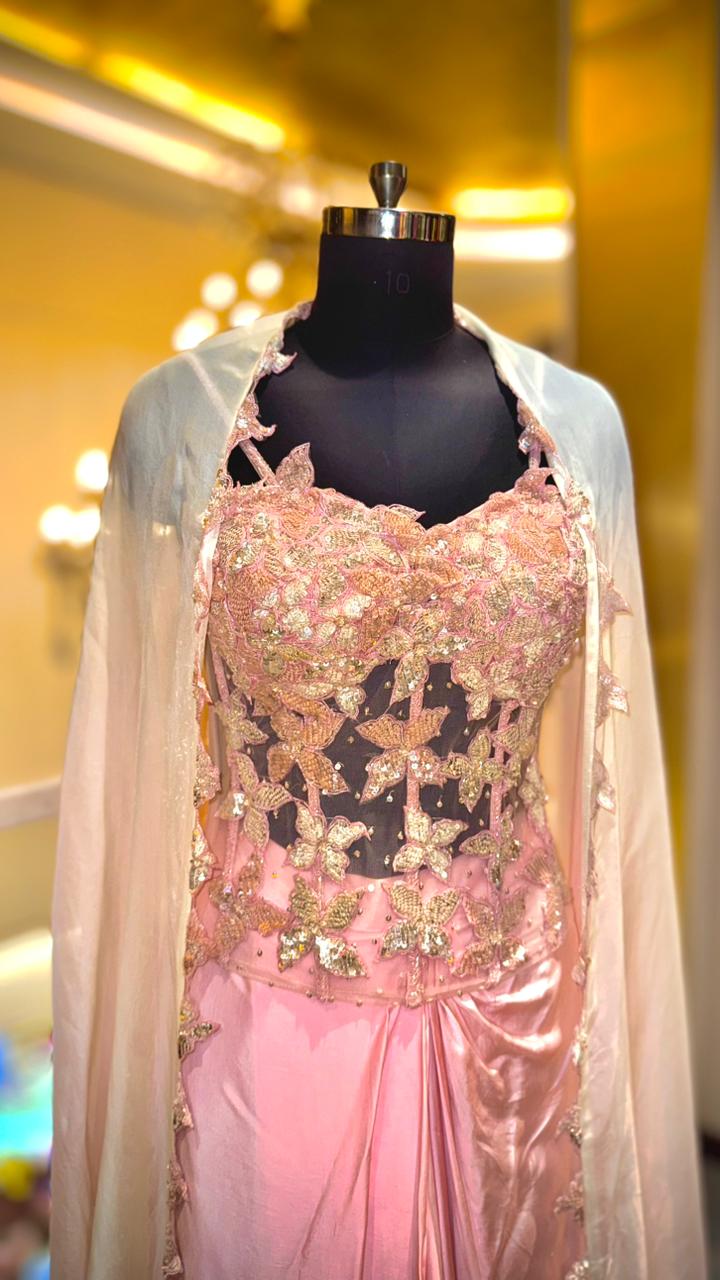 Designer Ombre Draped dhoti choli with 3D Floral Corset and Sheer Cape