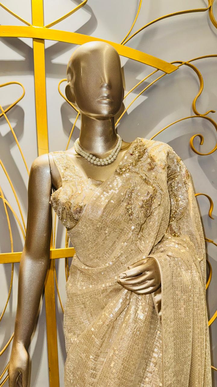 Champagne Gold All-Over Sequin Saree with Scalloped Border and Shimmer Blouse