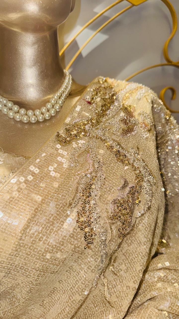 Champagne Gold All-Over Sequin Saree with Scalloped Border and Shimmer Blouse