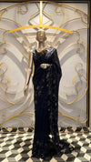 Royal Navy Blue Sequin Saree with Floral Appliqué and Sheer Embroidered Pallu