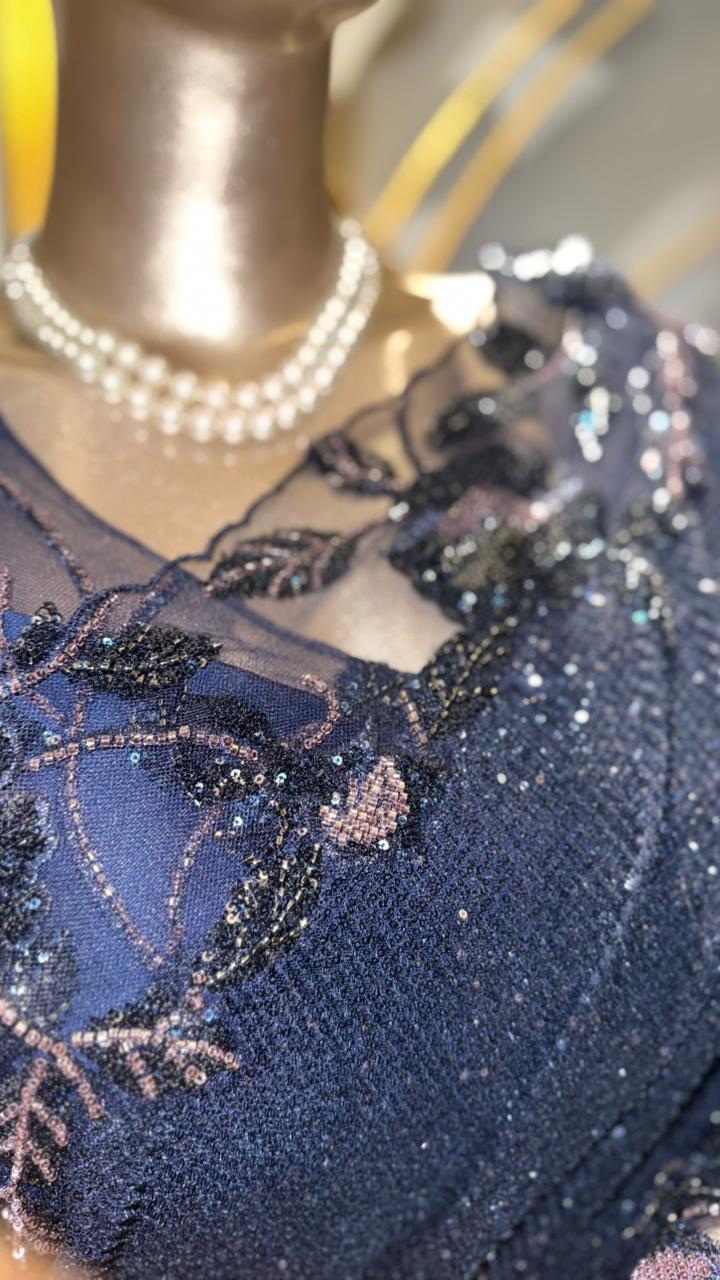 Royal Navy Blue Sequin Saree with Floral Appliqué and Sheer Embroidered Pallu