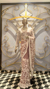 Designer Dusty Rose Net Saree with Intricate Ivory Floral Lace and Full-Sleeve Embroidered Blouse