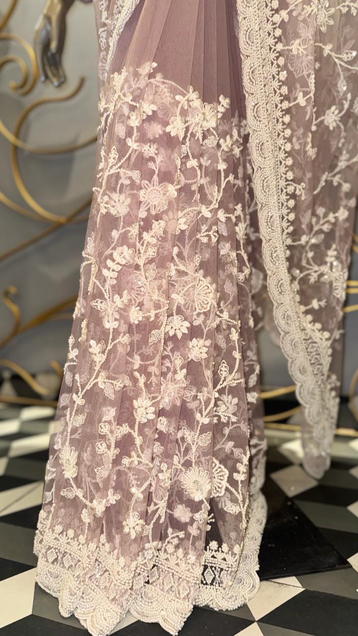 Designer Dusty Rose Net Saree with Intricate Ivory Floral Lace and Full-Sleeve Embroidered Blouse