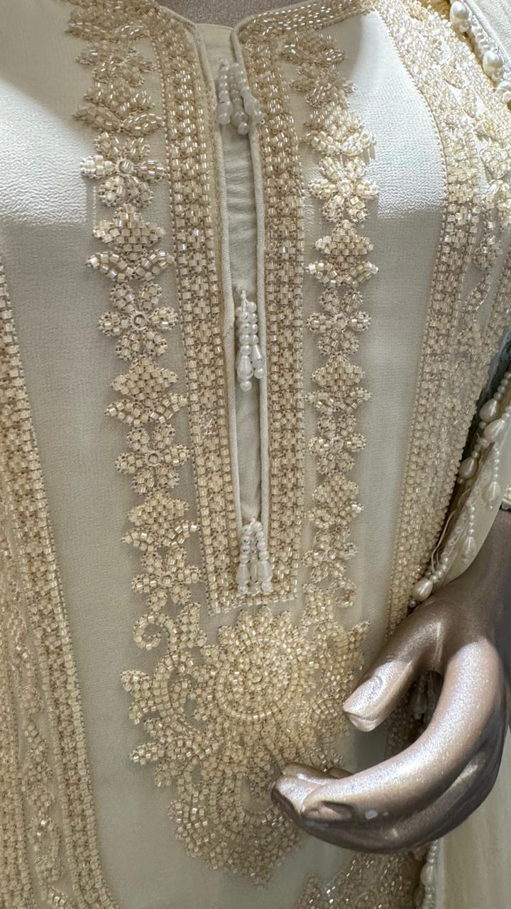 Premium Cream Georgette Suit with Sky Blue Floral Embroidery and Matching Palazzo