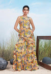 Designer Multicolor Abstract Print Indo-Western Set with Asymmetric Tunic and Crystal Fringes