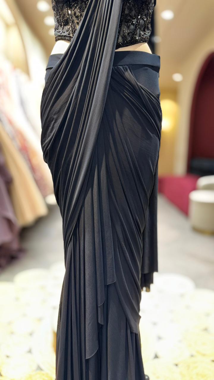 Designer Jet Black Pre-Draped Saree with Hand-Embroidered Corset Blouse