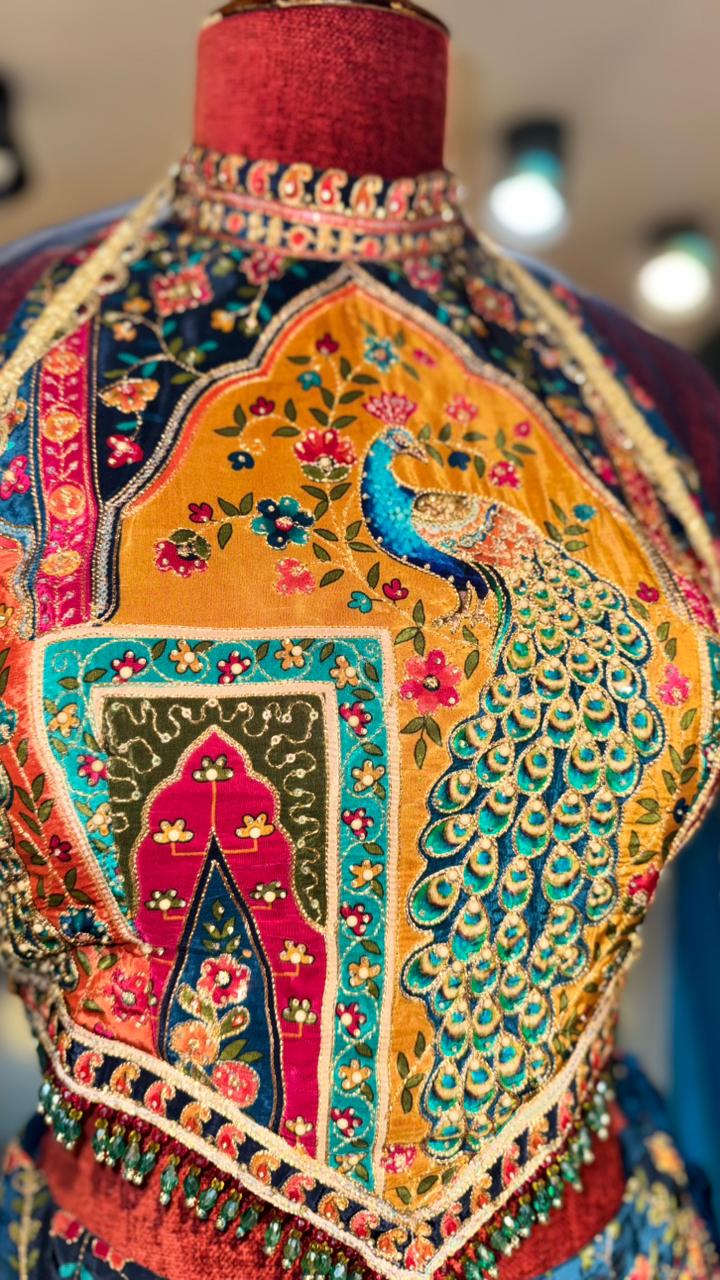 Vibrant Multicolor Lehenga with Pichwai Peacock Embroidery and Halter-Neck Blouse