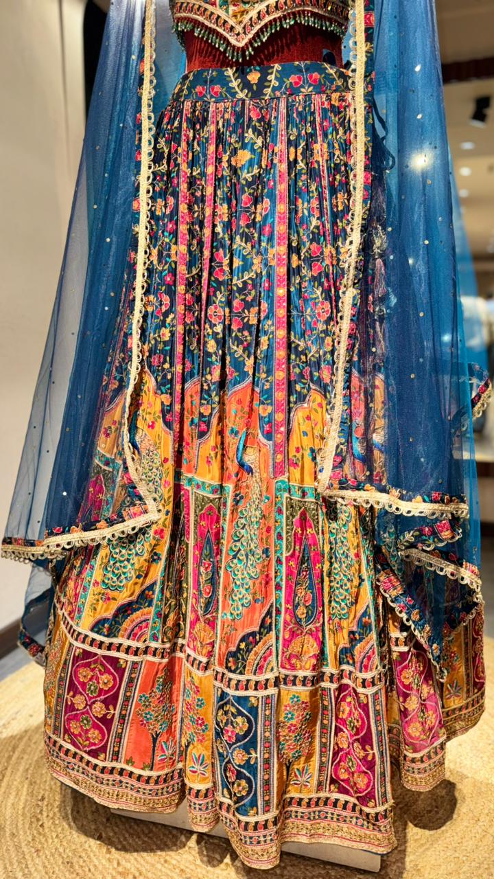 Vibrant Multicolor Lehenga with Pichwai Peacock Embroidery and Halter-Neck Blouse