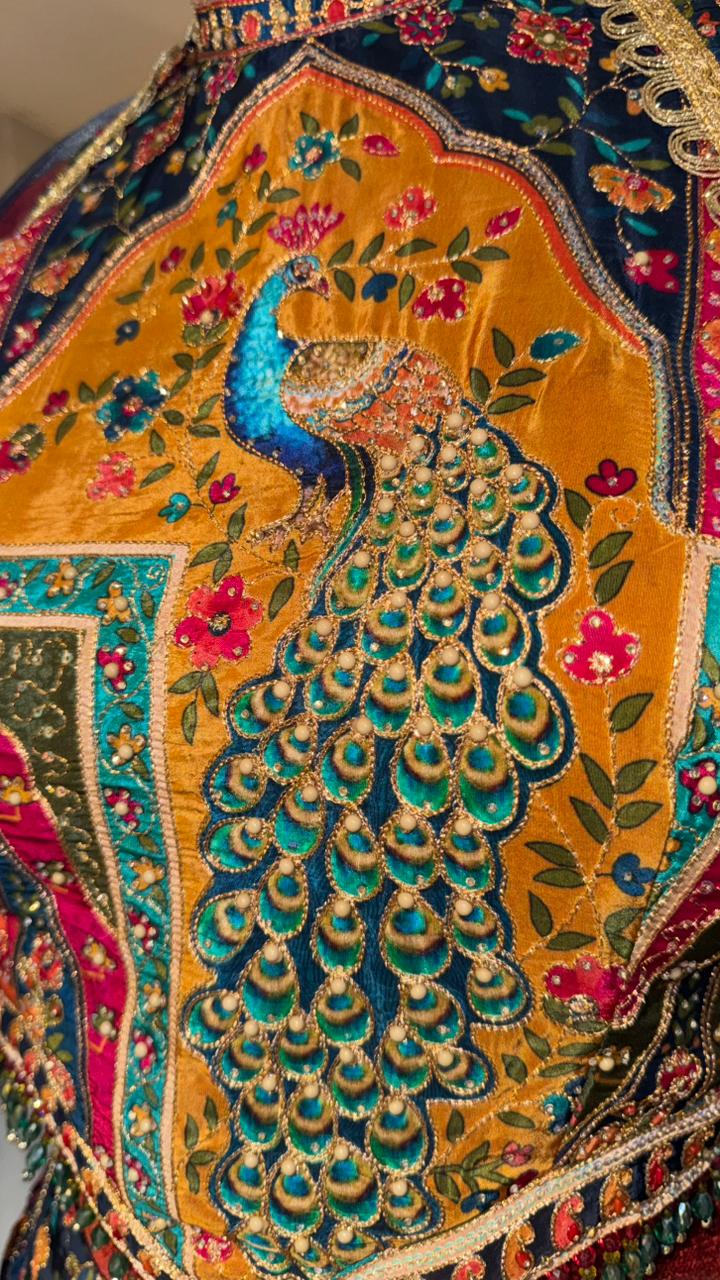 Vibrant Multicolor Lehenga with Pichwai Peacock Embroidery and Halter-Neck Blouse