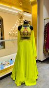 Vibrant Neon Lime Green Georgette Lehenga with 3D Floral Embroidered Crop-Top