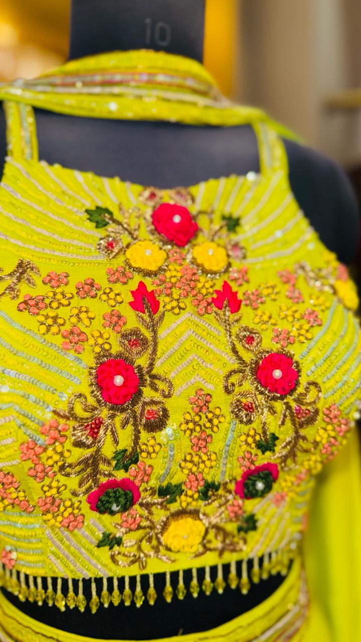 Vibrant Neon Lime Green Georgette Lehenga with 3D Floral Embroidered Crop-Top