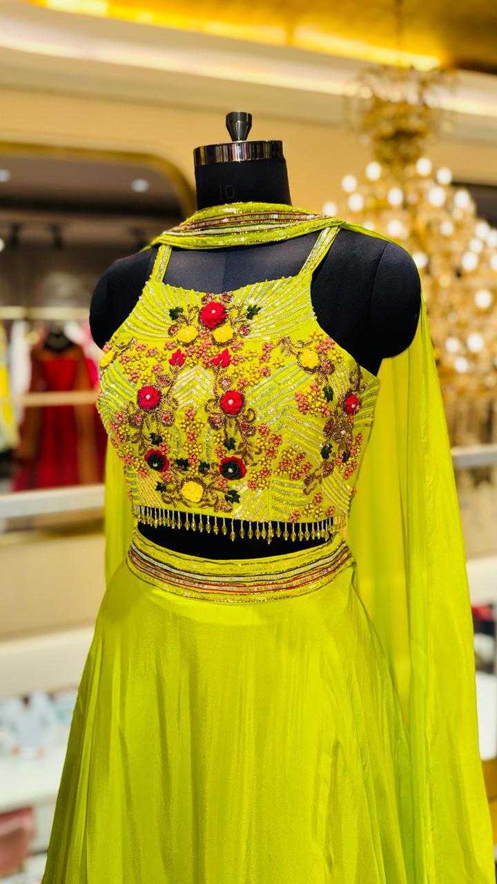 Vibrant Neon Lime Green Georgette Lehenga with 3D Floral Embroidered Crop-Top
