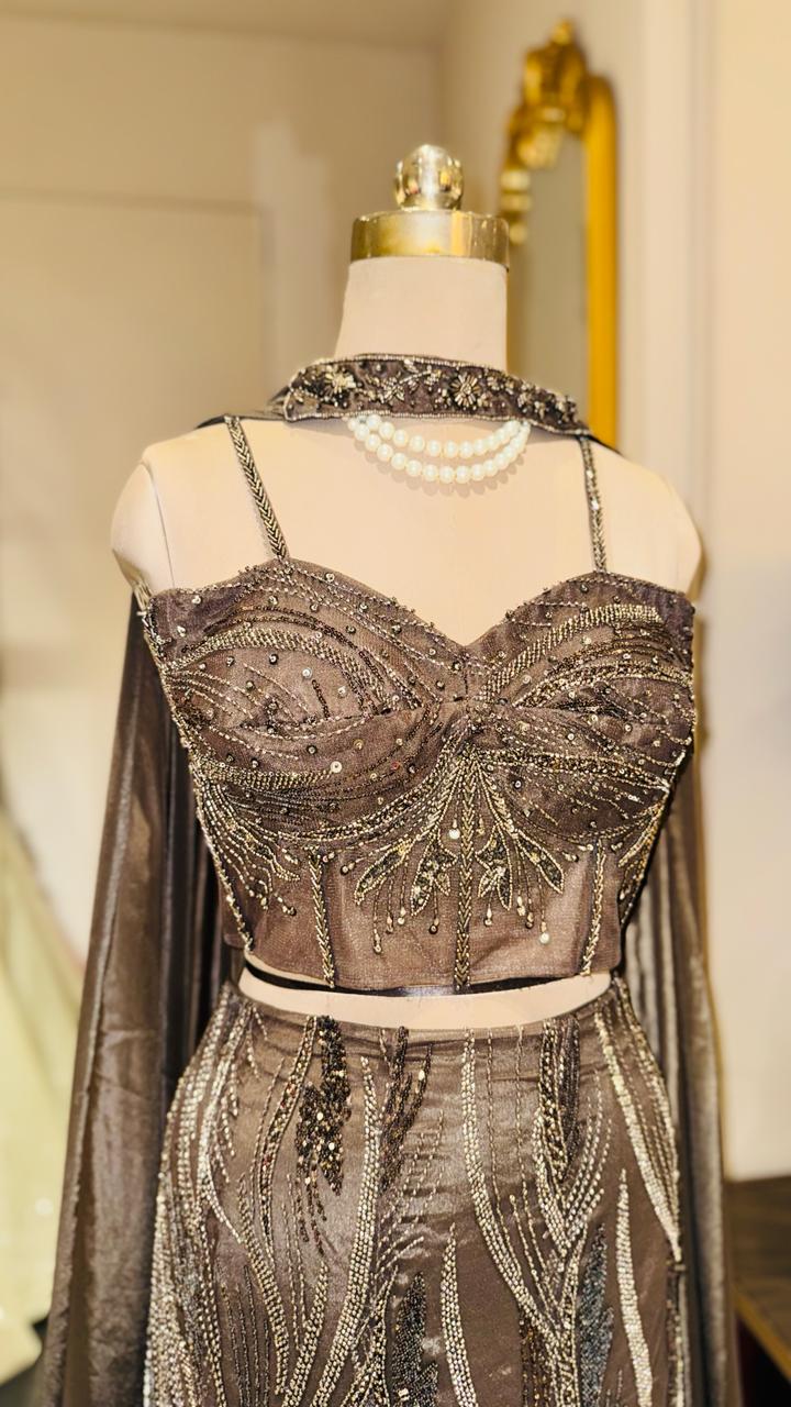 Premium Charcoal Grey Indo-Western Lehenga with Sculpted Corset and Shimmer Cape