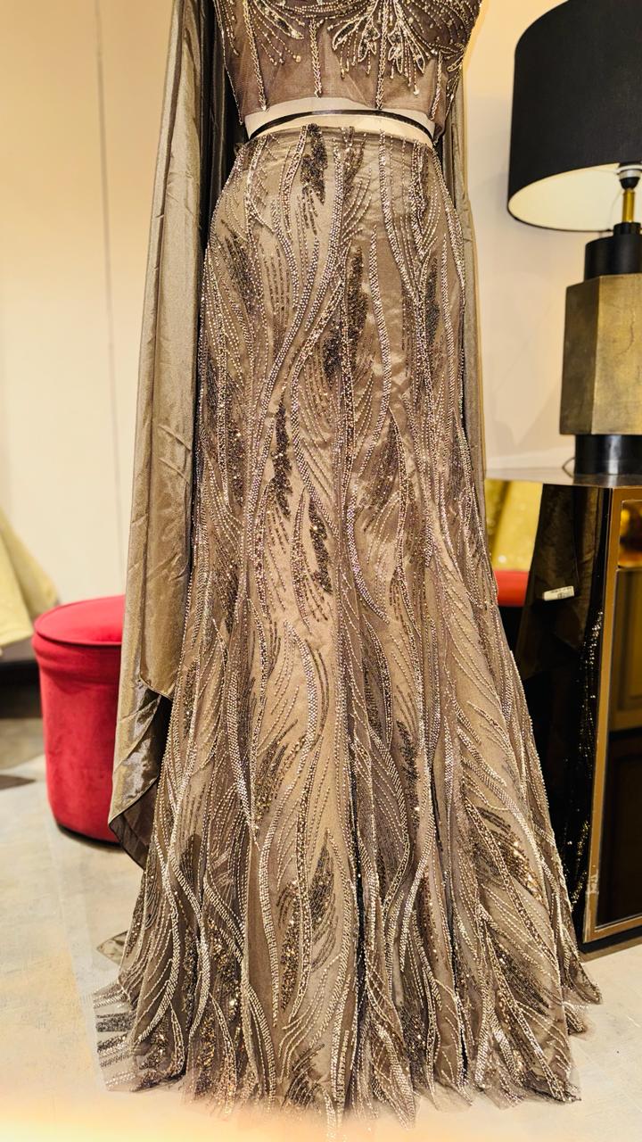 Premium Charcoal Grey Indo-Western Lehenga with Sculpted Corset and Shimmer Cape