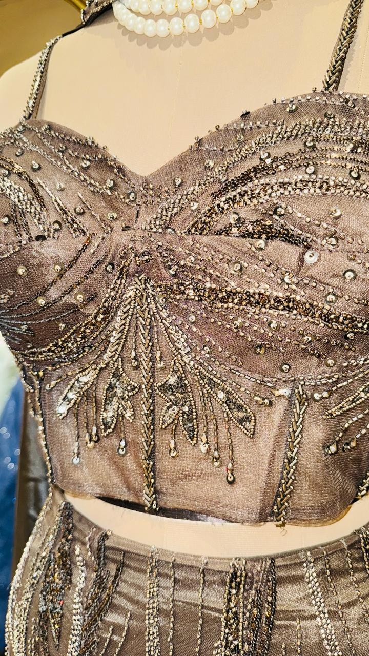 Premium Charcoal Grey Indo-Western Lehenga with Sculpted Corset and Shimmer Cape