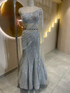 Designer Silver-Grey Fishcut Lehenga with Pre-Draped Saree Silhouette and Crystal Embellishments