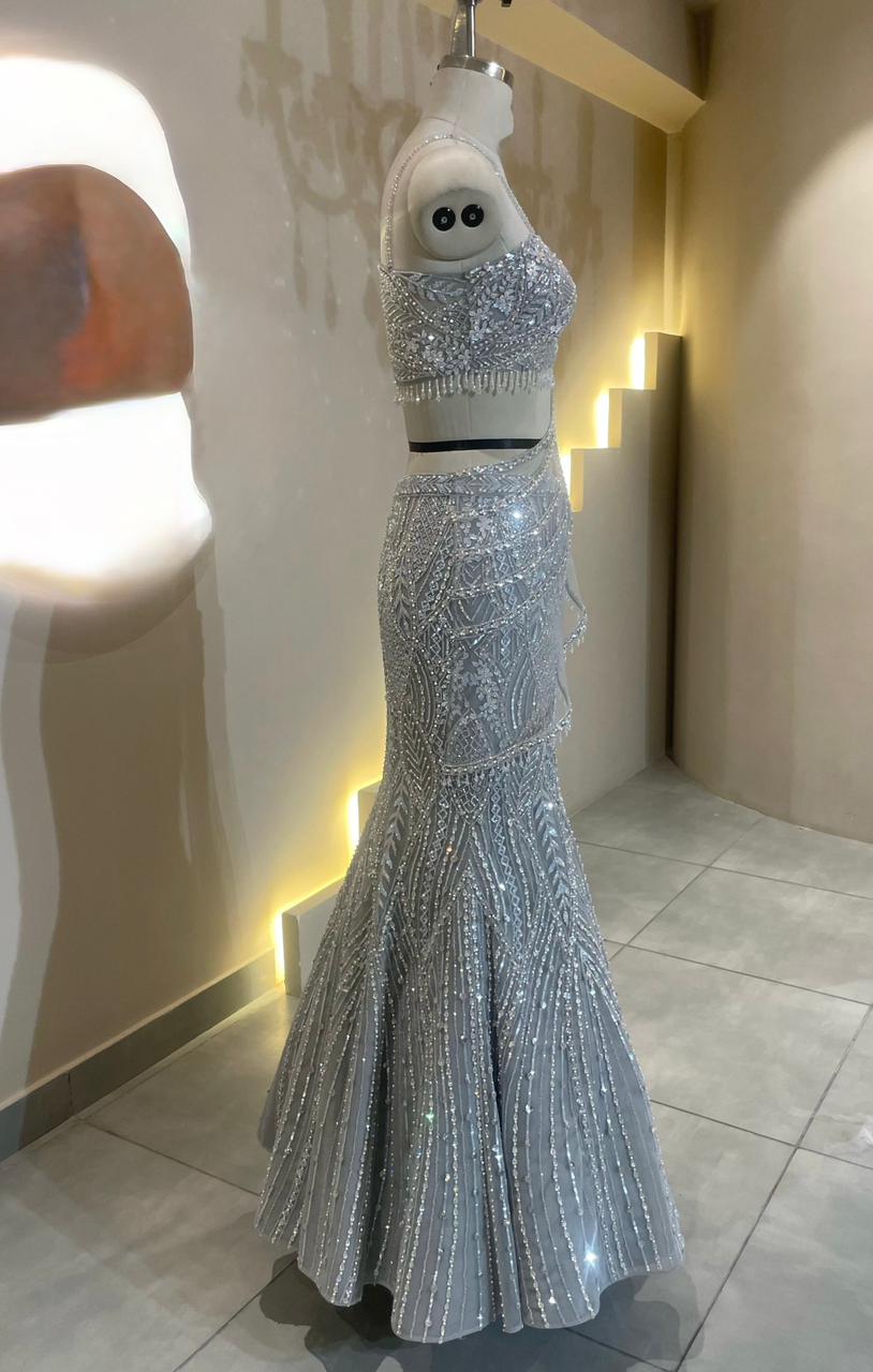 Designer Silver-Grey Fishcut Lehenga with Pre-Draped Saree Silhouette and Crystal Embellishments