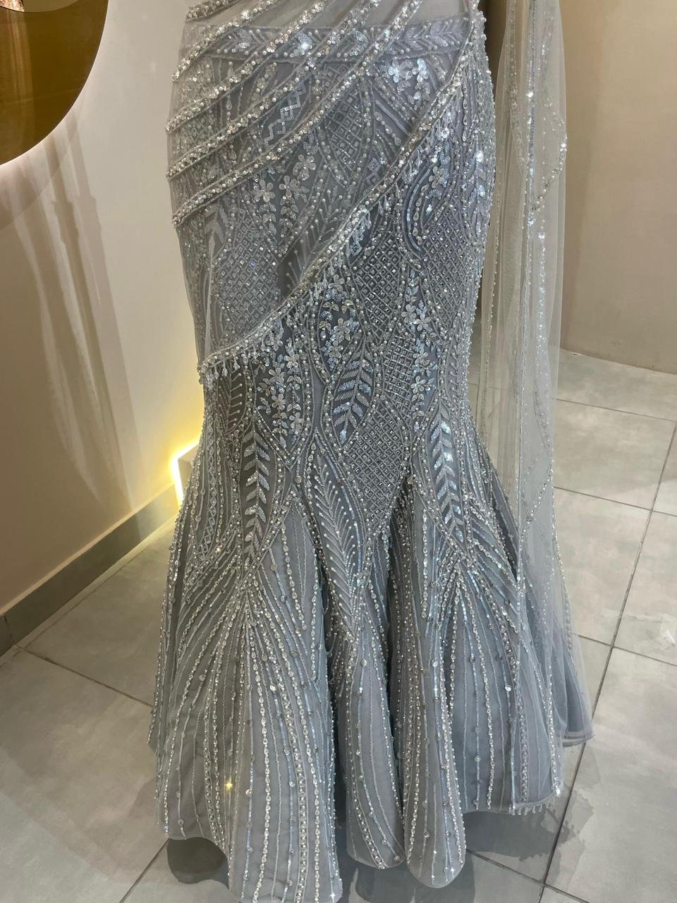 Designer Silver-Grey Fishcut Lehenga with Pre-Draped Saree Silhouette and Crystal Embellishments