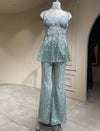 Luxury Ice Blue Cocktail Set with Heavy Sequin Peplum Tunic and Flared Trousers