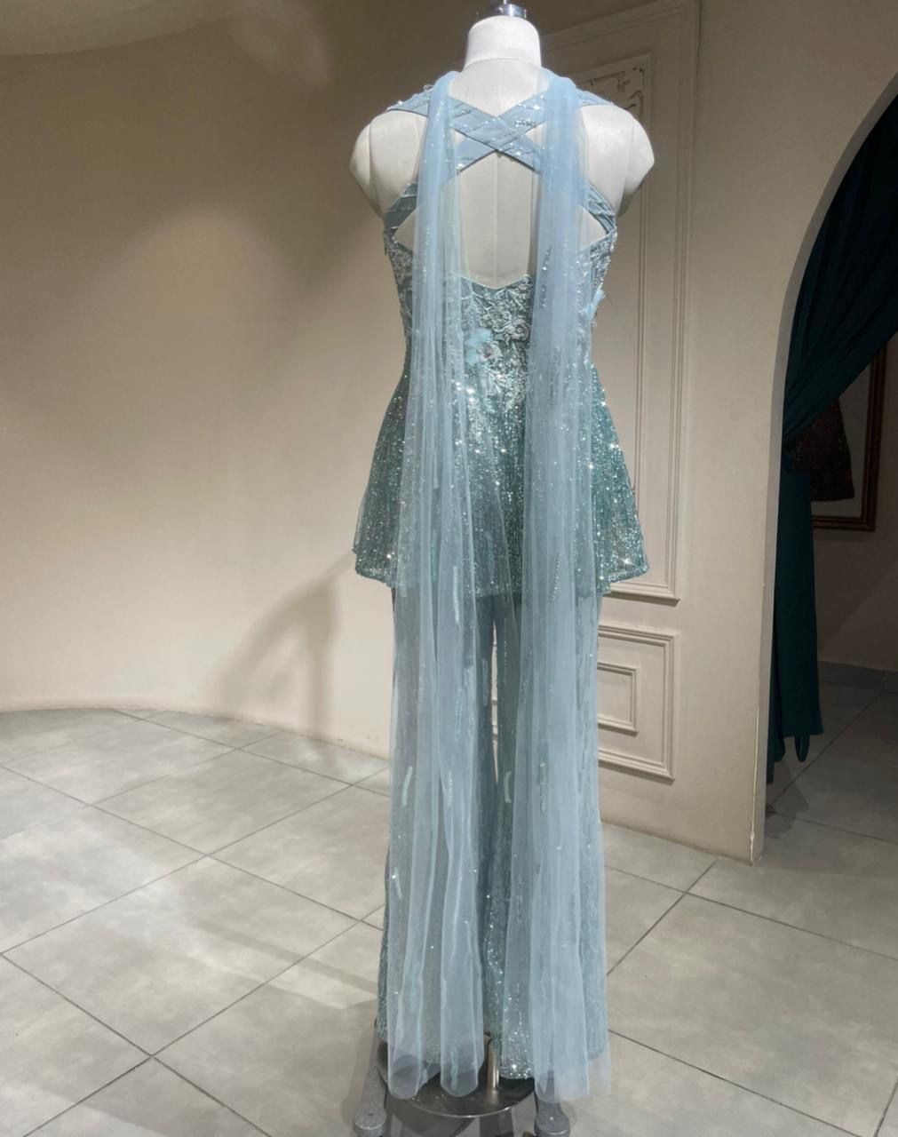 Luxury Ice Blue Cocktail Set with Heavy Sequin Peplum Tunic and Flared Trousers