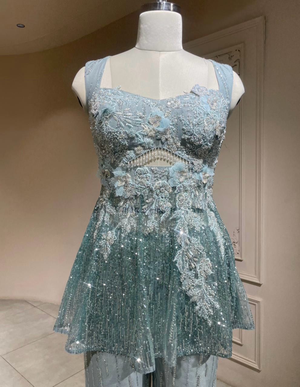Luxury Ice Blue Cocktail Set with Heavy Sequin Peplum Tunic and Flared Trousers