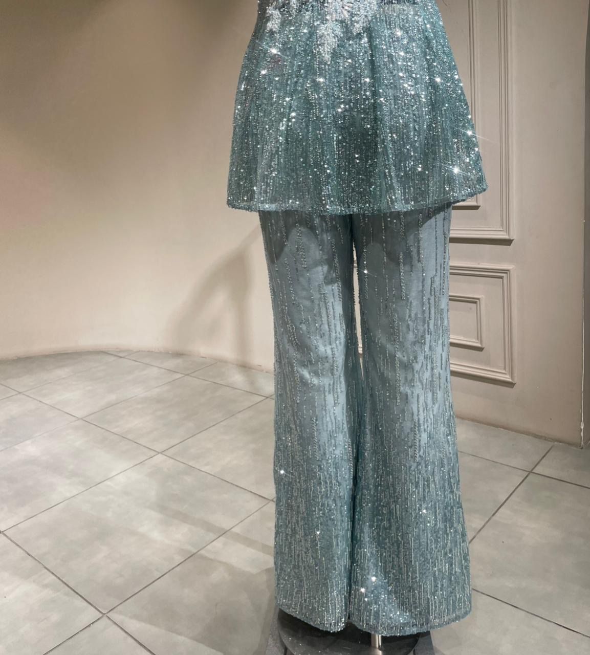 Luxury Ice Blue Cocktail Set with Heavy Sequin Peplum Tunic and Flared Trousers