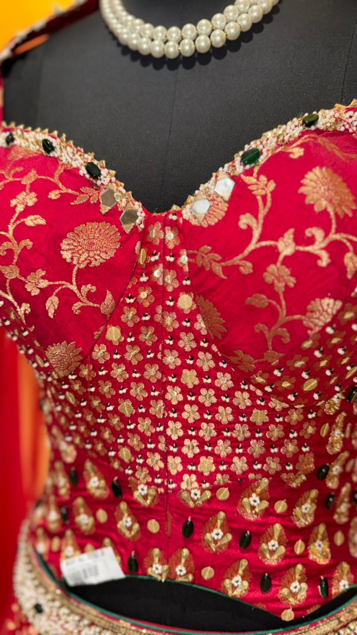 Lehenga with Mirror-Work Bustier and Sheer Dupatta