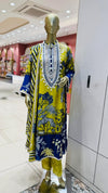 Premium Chartreuse Lime & Cobalt Indigo Cotton Printed Suit with Intricate White Lace Placket