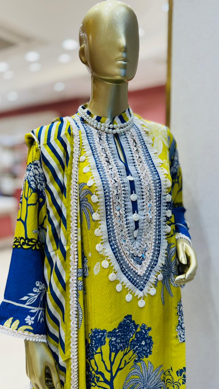 Premium Chartreuse Lime & Cobalt Indigo Cotton Printed Suit with Intricate White Lace Placket