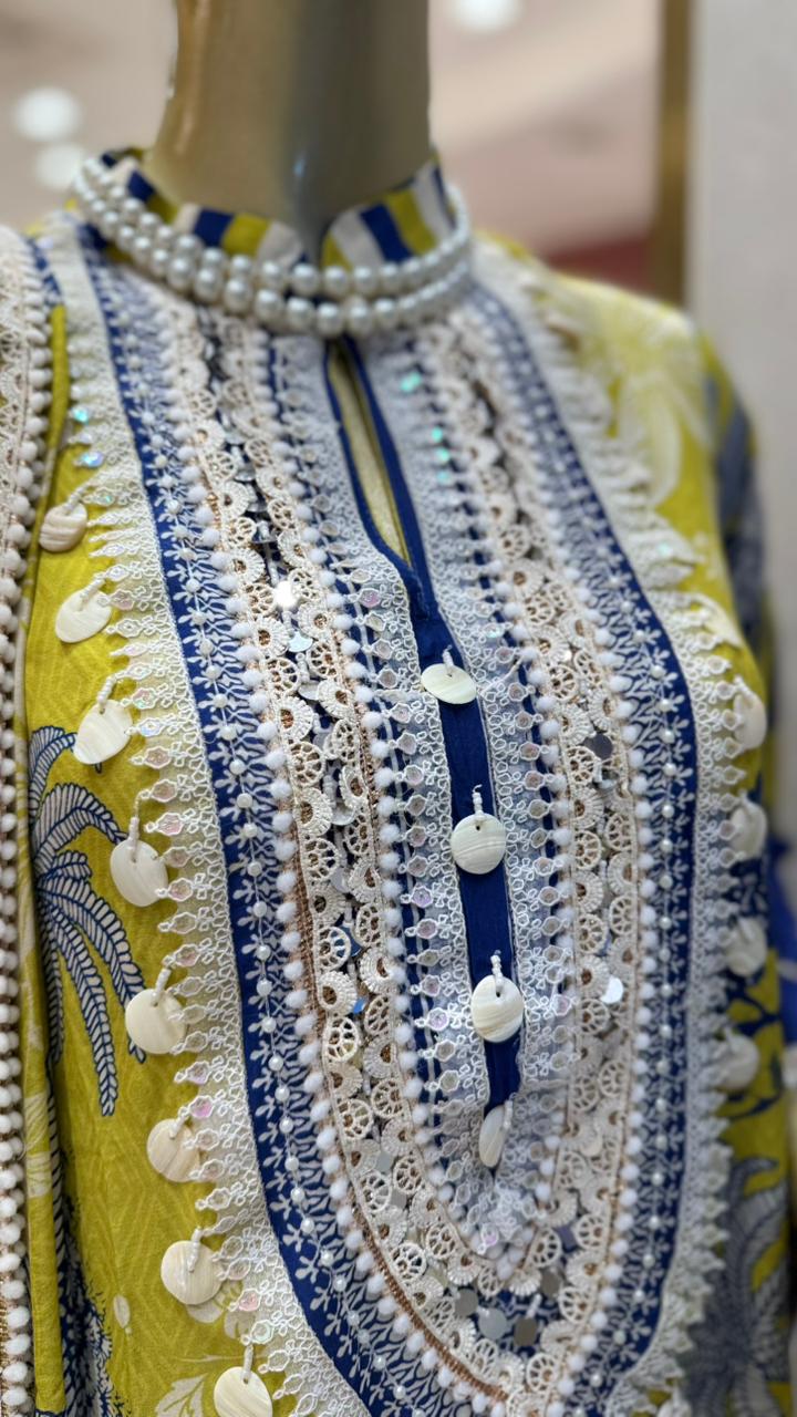 Premium Chartreuse Lime & Cobalt Indigo Cotton Printed Suit with Intricate White Lace Placket