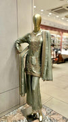 Premium Metallic Sage Green Silk Suit with Heavy Antique Gold Embroidery and Straight-Leg Trousers