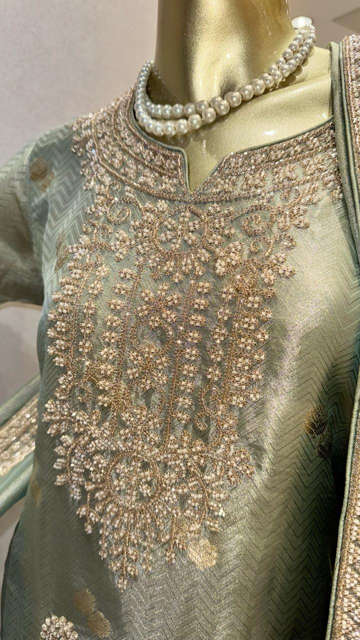 Premium Metallic Sage Green Silk Suit with Heavy Antique Gold Embroidery and Straight-Leg Trousers