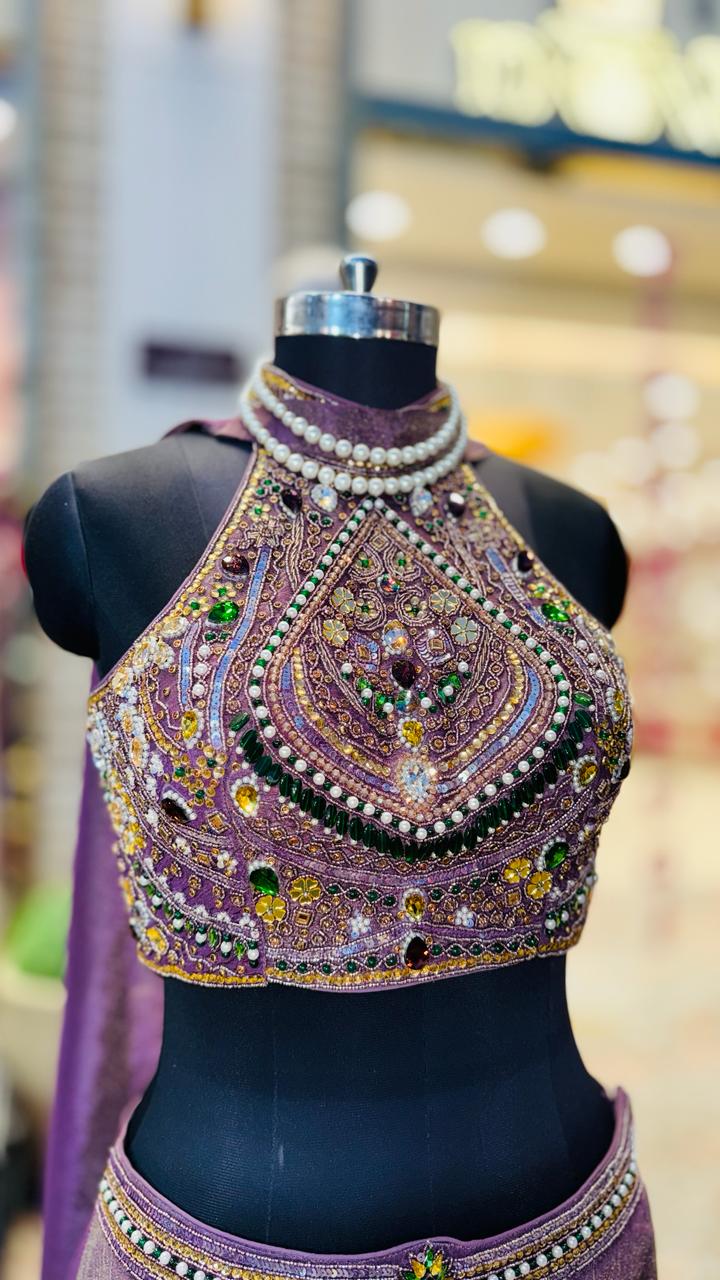Luxury Orchid Purple Metallic Silk Lehenga with Heavily Embellished Halter Bustier