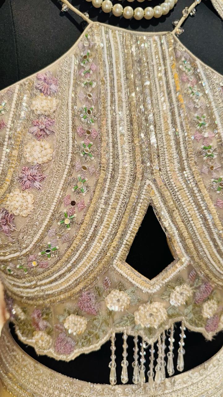 Premium Ivory Georgette Lehenga with Embroidered Keyhole Halter Bodice and Mauve Organza Dupatta