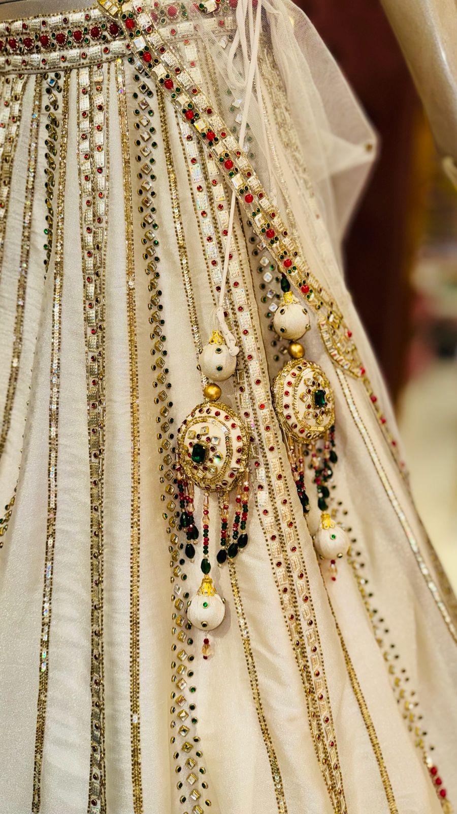 Premium Cream Silk Lehenga with Vertical Mirror-Work Panel Skirt and Jewel-Toned Bustier