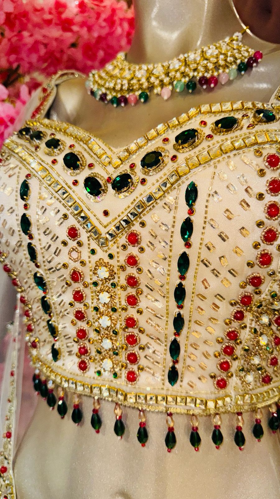 Premium Cream Silk Lehenga with Vertical Mirror-Work Panel Skirt and Jewel-Toned Bustier