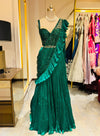 Designer Emerald Green Pre-Draped Saree Lehenga with Sequined Bustier and Accordion Pleats