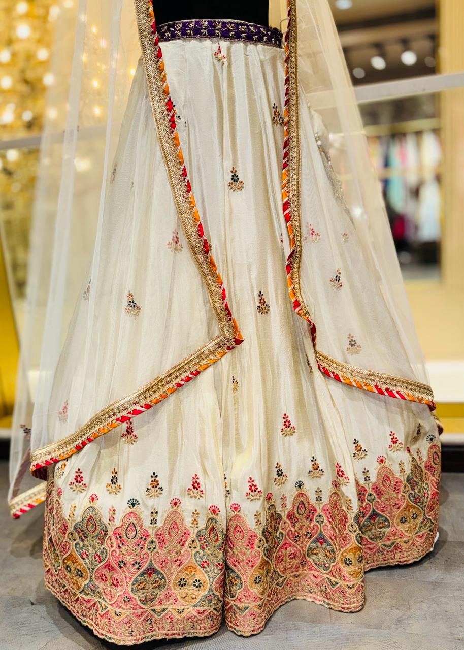 Premium Off-White Georgette Lehenga with Violet & Red Zari Border and Attached Cape Dupatta