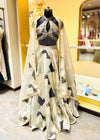 Designer Champagne Gold & Charcoal Geometric Lehenga with Keyhole Halter Bustier and Metallic Fringes